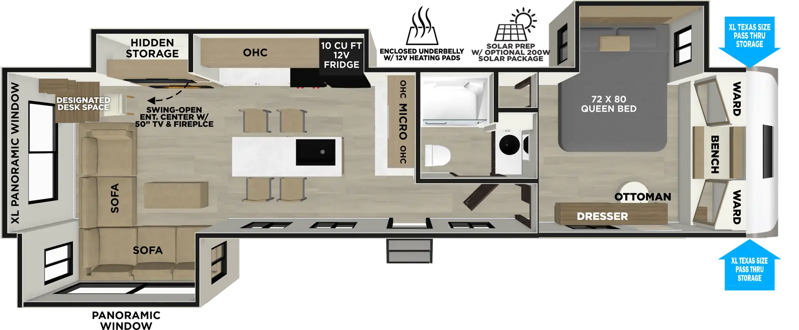 The Heritage Glen Travel Trailers 323RLI floorplan has one entry and three slide outs. Exterior features include: fiberglass exterior. Interiors features include: kitchen island, front bedroom and rear living.